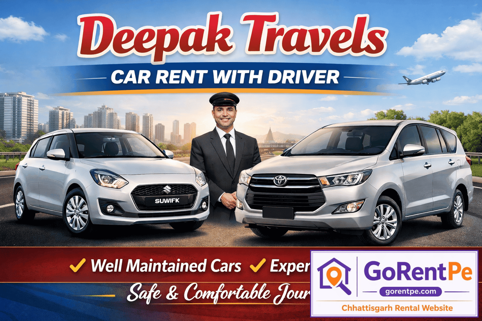 Deepak Travels car rental with driver in Bilaspur featuring well-maintained Maruti Swift and Toyota Innova cars with experienced driver for local and outstation travel