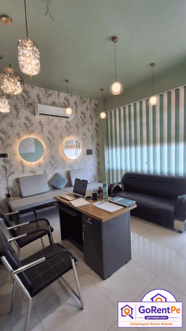 1500 sq ft furnished commercial space for rent in Smriti Nagar Bhilai with digital classroom, reception area, 2 washrooms, parking, electricity, and water supply suitable for coaching classes, training centers, seminars, workshops, and professional meetings