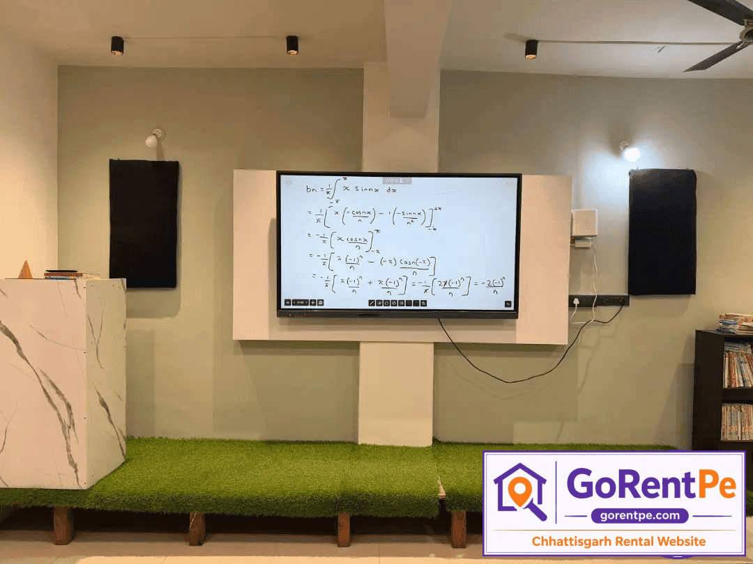 1500 sq ft furnished commercial space for rent in Smriti Nagar Bhilai with digital classroom, reception area, 2 washrooms, parking, electricity, and water supply suitable for coaching classes, training centers, seminars, workshops, and professional meetings