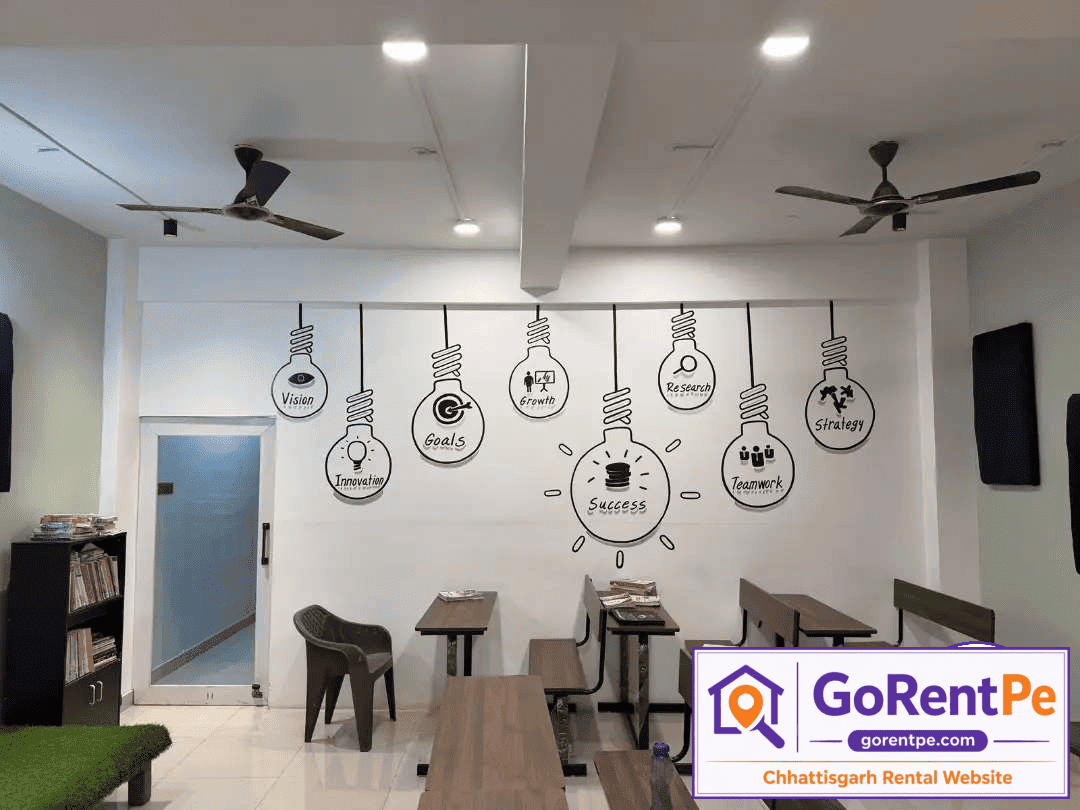 1500 sq ft furnished commercial space for rent in Smriti Nagar Bhilai with digital classroom, reception area, 2 washrooms, parking, electricity, and water supply suitable for coaching classes, training centers, seminars, workshops, and professional meetings