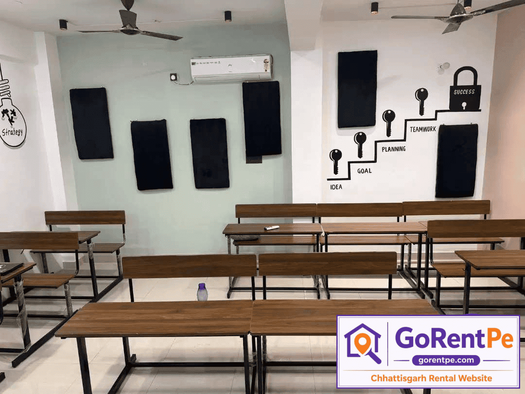 1500 sq ft furnished commercial space for rent in Smriti Nagar Bhilai with digital classroom, reception area, 2 washrooms, parking, electricity, and water supply suitable for coaching classes, training centers, seminars, workshops, and professional meetings