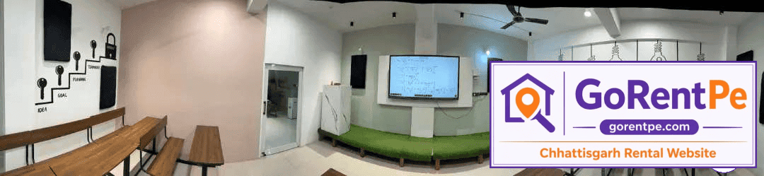 1500 sq ft furnished commercial space for rent in Smriti Nagar Bhilai with digital classroom, reception area, 2 washrooms, parking, electricity, and water supply suitable for coaching classes, training centers, seminars, workshops, and professional meetings