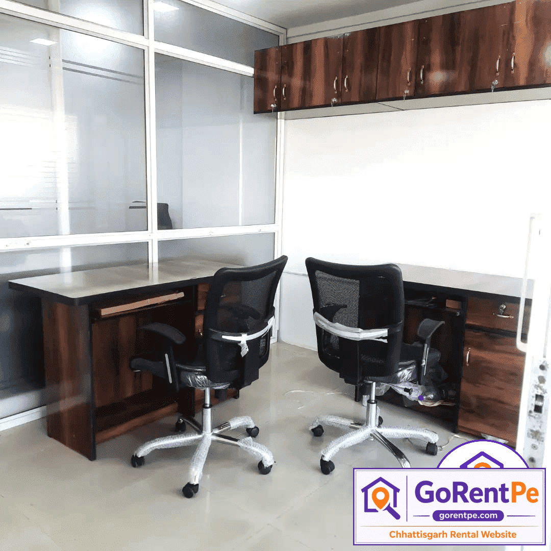 Fully furnished office space for rent in Devendra Nagar Raipur with boss cabin AC parking and lift facility