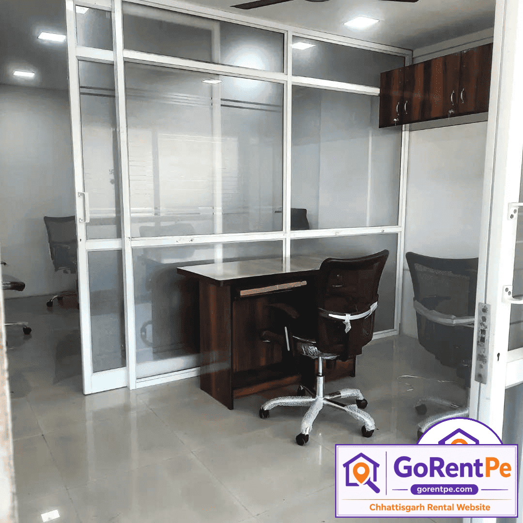 Fully furnished office space for rent in Devendra Nagar Raipur with boss cabin AC parking and lift facility