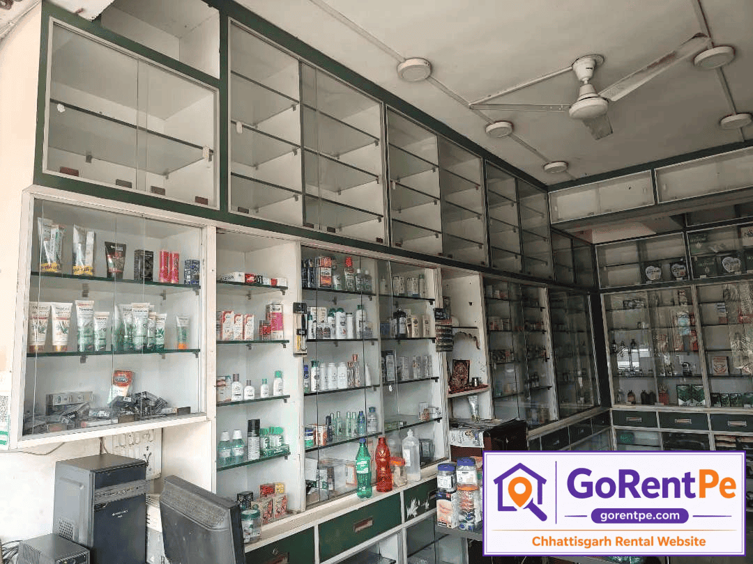 Fully furnished medical store for rent with display racks, billing counter, storage cabinets and prime commercial location