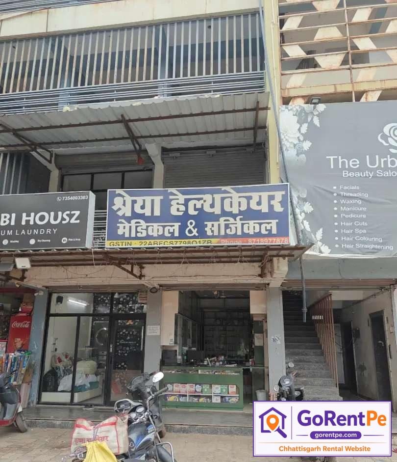 Fully furnished medical store for rent with display racks, billing counter, storage cabinets and prime commercial location